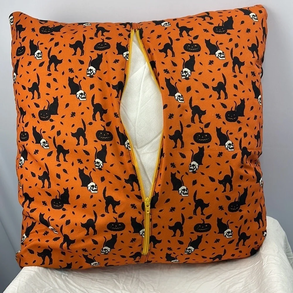 Homemade brand new accent T-shirt pillow. Black and orange autumn skull.